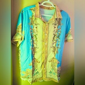 Men’s Vibrant Baby Blue & gold Men's Floral Shirt & matching shorts - Size Large